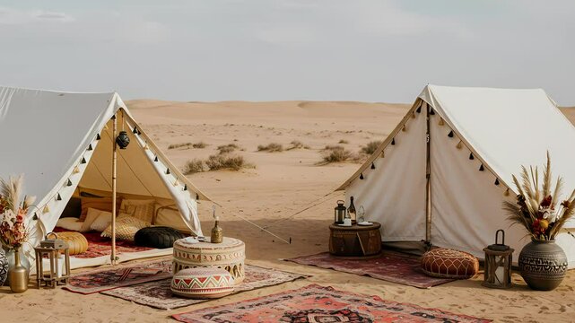 Desert Glamping: Two luxury glamping tents stand nestled in the expansive desert landscape, their interiors inviting with rugs, pillows, and lanterns, promising an unforgettable experience.