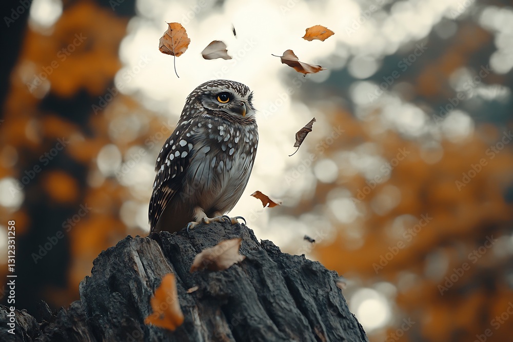 Poster Charming owl surrounded by autumn leaves creating a magical atmosphere in a colorful forest setting : Generative AI