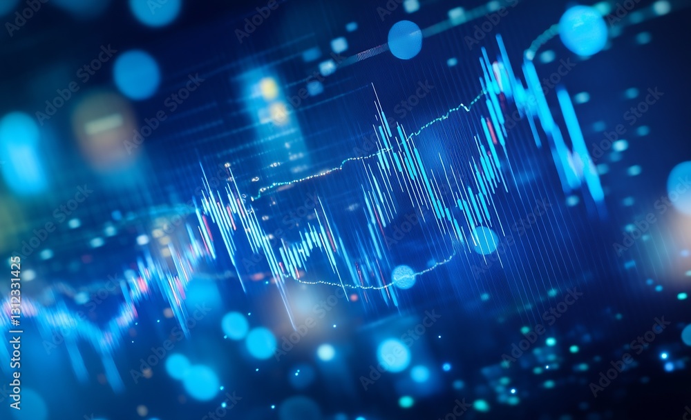 Poster Abstract digital data visualization with blue tones and glowing lines representing stock market trading : Generative AI