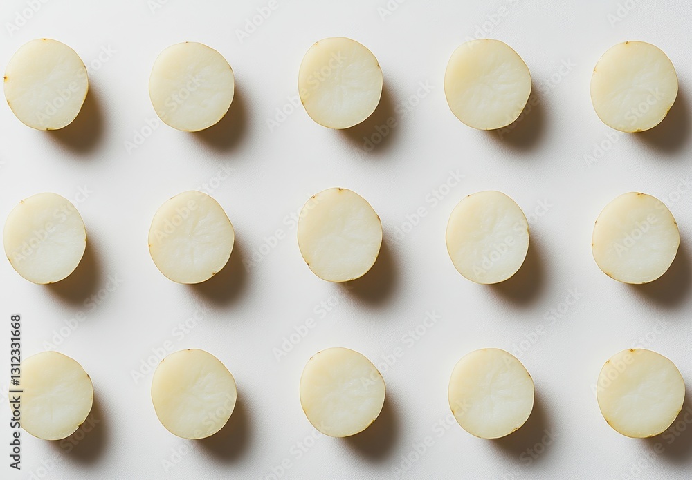 Poster round potato slices arranged in a neat pattern on a light background for creative food presentation 