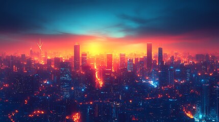 Vibrant cityscape at sunset with dramatic sky.