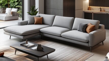 A modern gray sectional sofa sits in a contemporary living room
