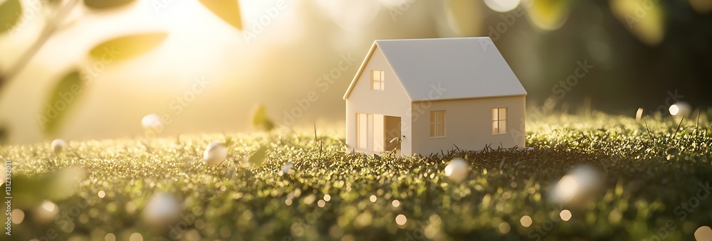 Poster charming miniature house surrounded by soft grass and delicate sunlight creating a peaceful home atm