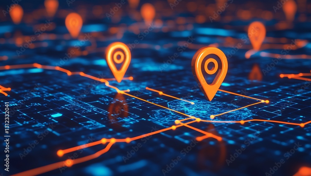 Poster Dynamic urban mapping illustration with glowing pointers showcasing advanced digital navigation concepts : Generative AI