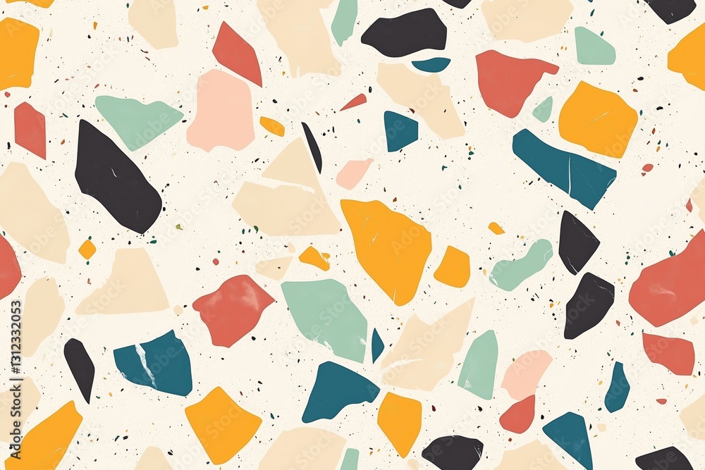 Poster seamless marble vibrant terrazzo pattern featuring an array of colorful shapes in shades of orange, 