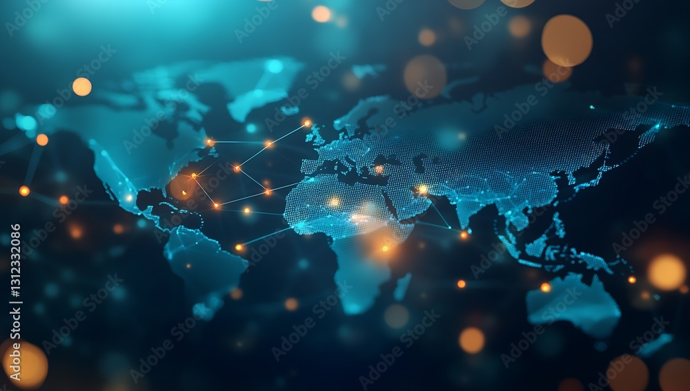 Poster Bright and vibrant global map emphasizing flowing connections in a cool color scheme representing interconnectedness : Generative AI