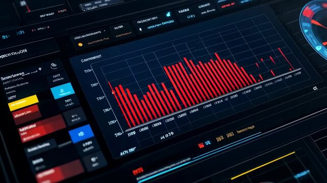Business analytics UI with bold primary colors, blue, yellow, and red circular charts, sharp and modern grid layout, professional data presentation, bright and engaging style