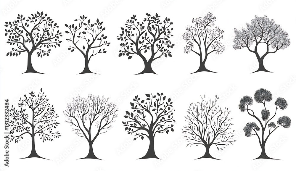 Poster a collection of black and white tree silhouettes showcasing various styles and leaf patterns for des