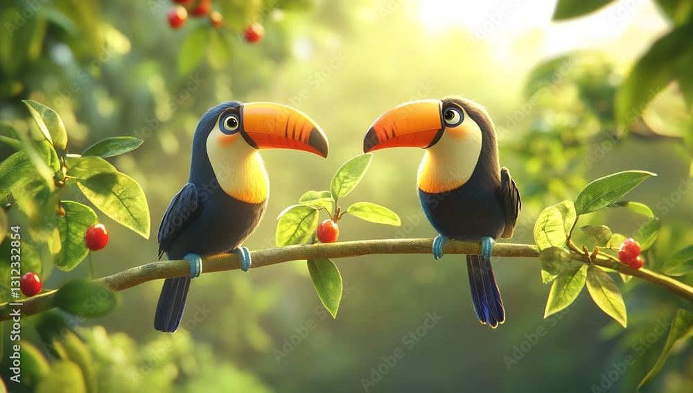 Poster vivid toucans sharing a moment on a vibrant branch surrounded by lush greenery and bright berries in