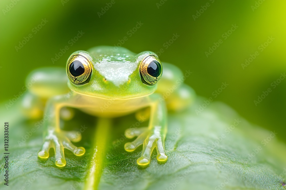 Poster close-up of a vibrant green frog sitting on a leaf with nature background : generative ai