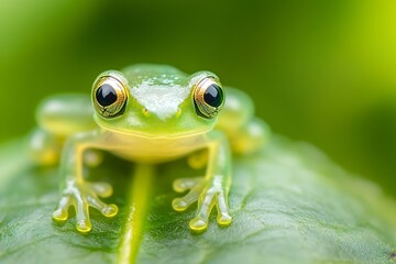 Close-Up of a Vibrant Green Frog Sitting on a Leaf with Nature Background : Generative AI