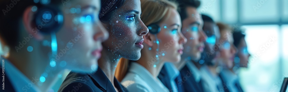 Poster multiethnic support team wearing headsets with ai visual effects in office. digital transformation i
