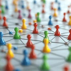Colorful playing piece figurines connected through network illustration