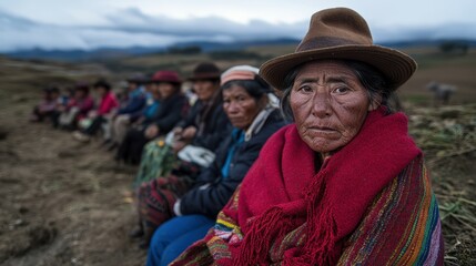 A group of women dressed in colorful traditional clothing sit together in the Peruvian highlands