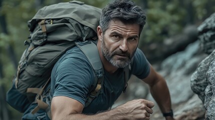 Obraz premium Rugged man with a full backpack scaling rocks, his focus sharp and intense.
