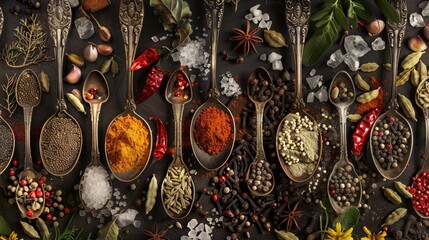 Aromatic Spices Arranged in Antique Spoons