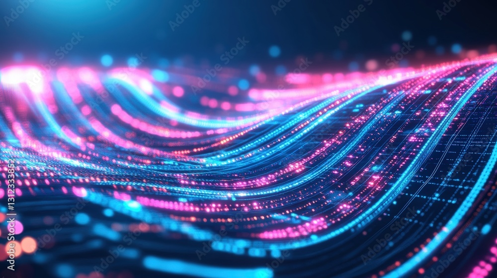 Poster striking blue and pink wave pattern flowing gracefully through space with dynamic colors creating a 