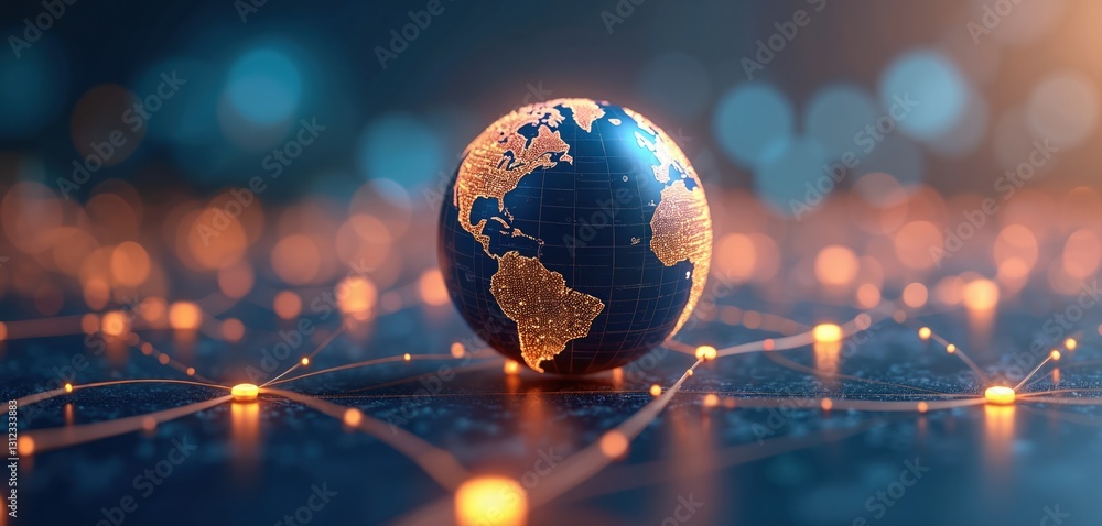 Leinwandbilder globe with glowing continents connected by orange lines global network. interconnected communication
