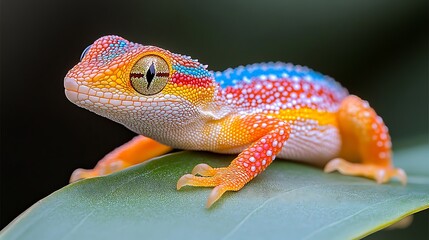 Obraz premium Vibrant gecko perched on a green leaf.
