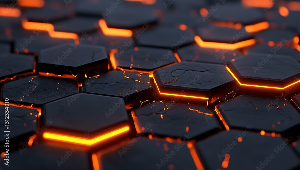 Aufkleber Detailed view of dark hexagonal tiles with vibrant orange lines and glowing cracks for a tech background : Generative AI