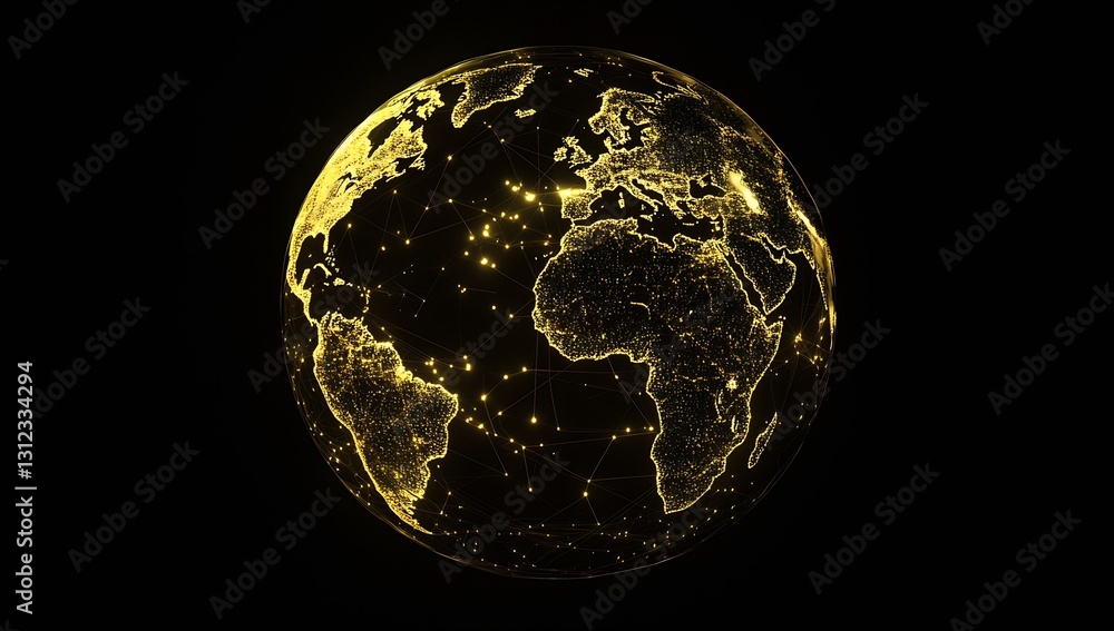 Poster Elegant Golden Earth Representation with Detailed Network Lines Demonstrating Global Data Interaction : Generative AI