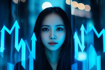 Portrait of a woman with illuminated blue arrows indicating stock market growth and investment strategies : Generative AI