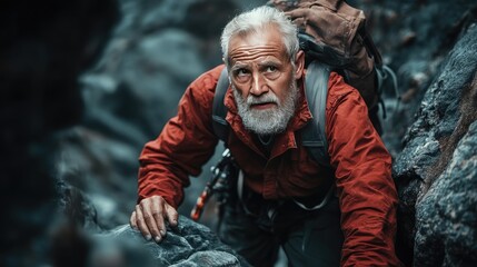 Fototapeta premium Veteran climber with a rugged appearance, holding onto rocks while searching for his next foothold.