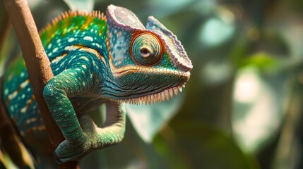 Obraz premium Chameleon clinging to a vine, skin changing color, generative ai