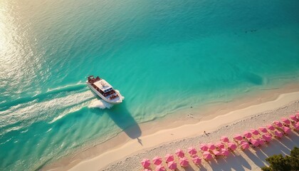 Fototapeta premium Aerial view Grace Bay, Turks and Caicos during sunset. Tour boat delivers passengers to shore near pink umbrellas on beach with turquoise water. Tropical vacation, holiday destinations.