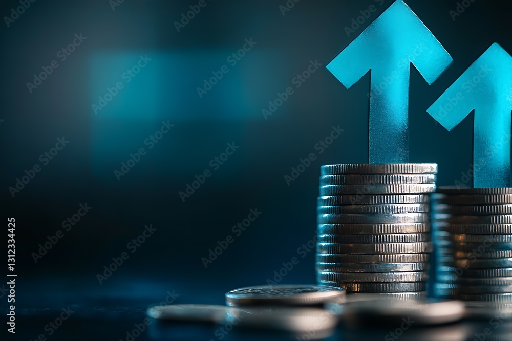 Poster stacks of coins rising with upward arrows representing growth and financial success in a modern busi