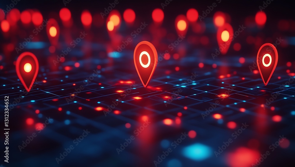 Poster Futuristic digital display with luminous red location markers on a complex grid system : Generative AI