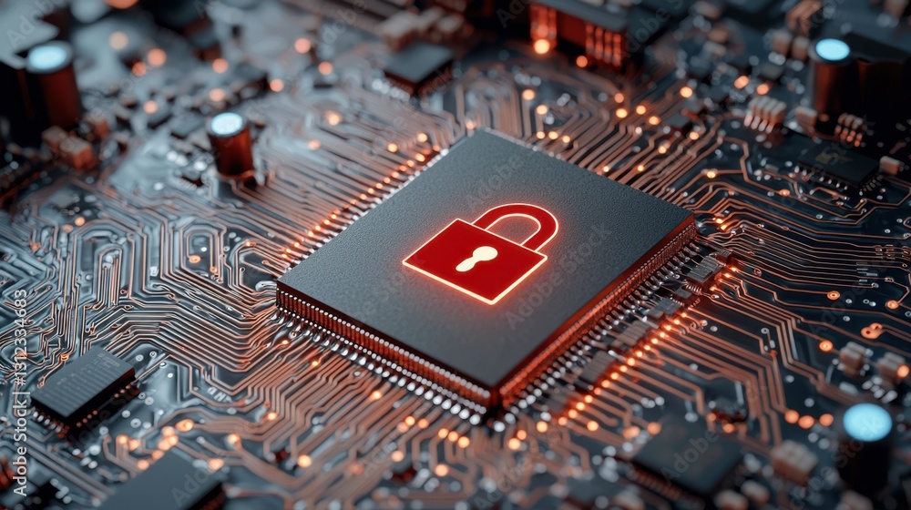 Poster a glowing padlock symbol is displayed on a microchip, emphasizing the importance of cybersecurity in