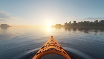 Peaceful sunrise reflections on calm lake viewed from a kayak at dawn : Generative AI
