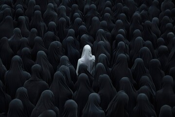 Obraz premium Individuality Amidst a Crowd: A stark image of a single person, dressed in white, standing out from a multitude of individuals cloaked in black.