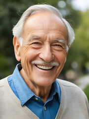 Elderly man smiling warmly, showcasing joy and humor in a light-hearted moment