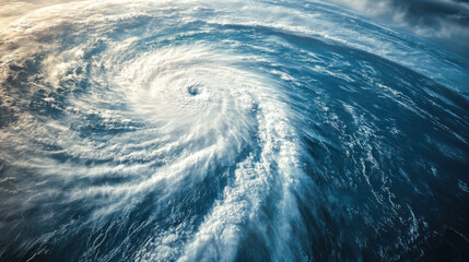 Powerful oceanic cyclone swirling in vast blue sea with dramatic cloud formations