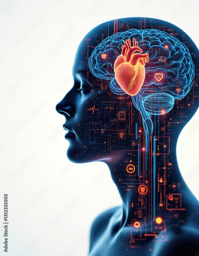 Poster illustration of human anatomy with internal organs connected to digital tech. brain, heart with data