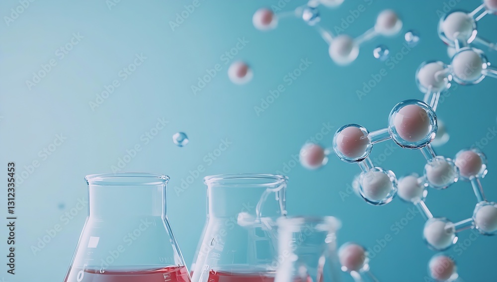 Poster Bright laboratory setting with colorful liquids and molecular structures representing scientific exploration : Generative AI