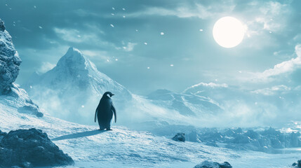 Lonely penguin in icy arctic landscape under bright sun