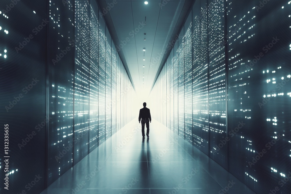 Poster man walking in futuristic data center with glowing lights