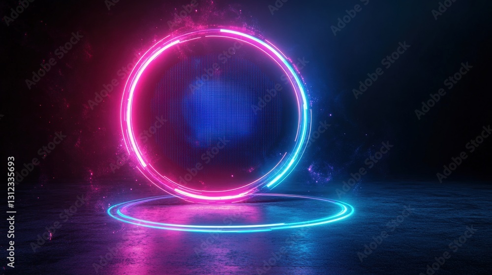 Poster neon circle light on a dark surface creating a striking visual contrast and enhancing the ambiance o