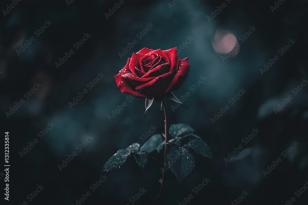 Aufkleber gorgeous red rose with dew drops set against a misty dark background capturing nature's elegance and