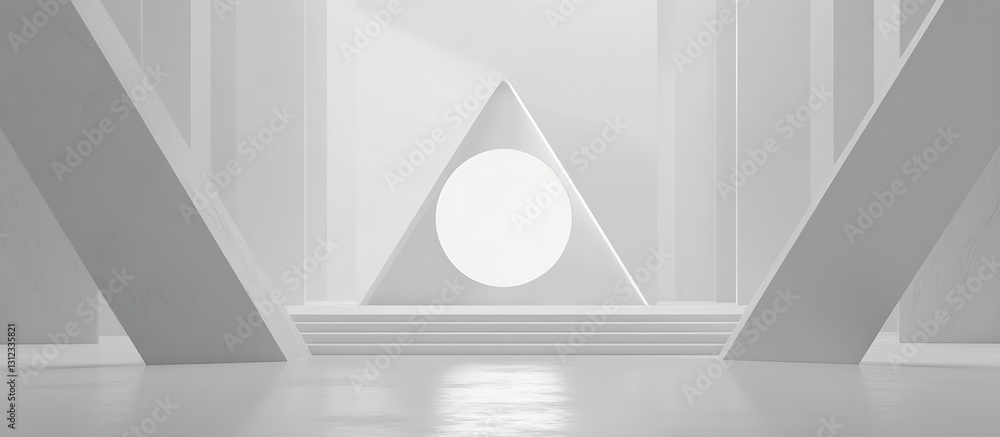Poster Elegant white abstract space featuring triangular forms and a glowing circular light : Generative AI