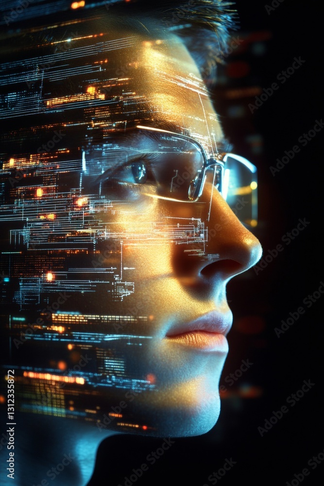 Aufkleber futuristic portrait of a person with data visualization and digital elements