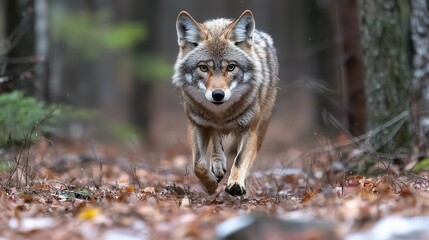 Fototapeta premium A coyote moves stealthily along a wooded trail covered with colorful autumn leaves. The animal appears focused and alert amid the tranquil forest surroundings
