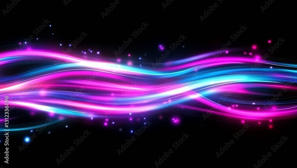 Poster beautiful flowing neon waves in pink and blue against a smooth dark background : generative ai
