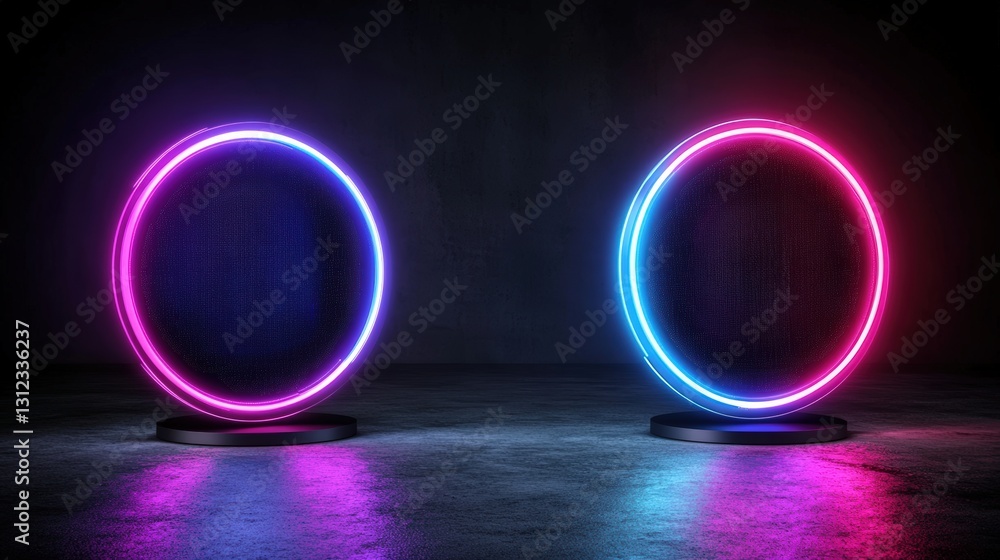 Poster two speakers equipped with vibrant neon lights creating a dynamic visual scene enhancing the music e
