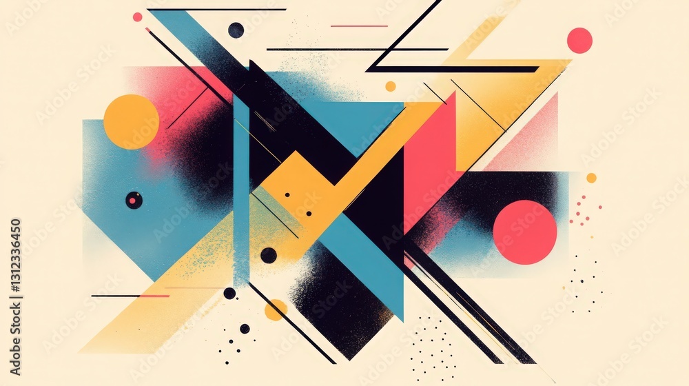 Poster dynamic geometric composition with playful shapes and vibrant color palette