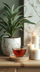 Fototapeta premium glass teacup of tea next to a potted plant and three candles