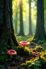 Forest floor illuminated by sunlight filtering through trees with Amanita muscaria mushrooms scattered around the base of trunks, tree bark, fungi